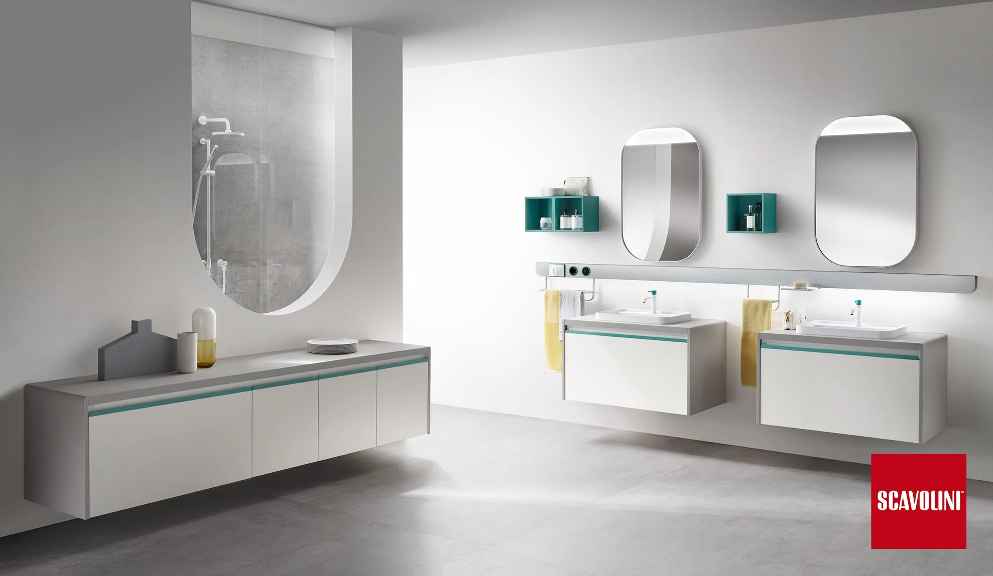 Bagno connesso: la voce di Alexa è trasmessa nella barra. Maniglie in plastica riciclata in varie colorazioni; alla mensola Task Bar si agganciano accessori (mensole, portarotolo, luce su tutta la lunghezza).