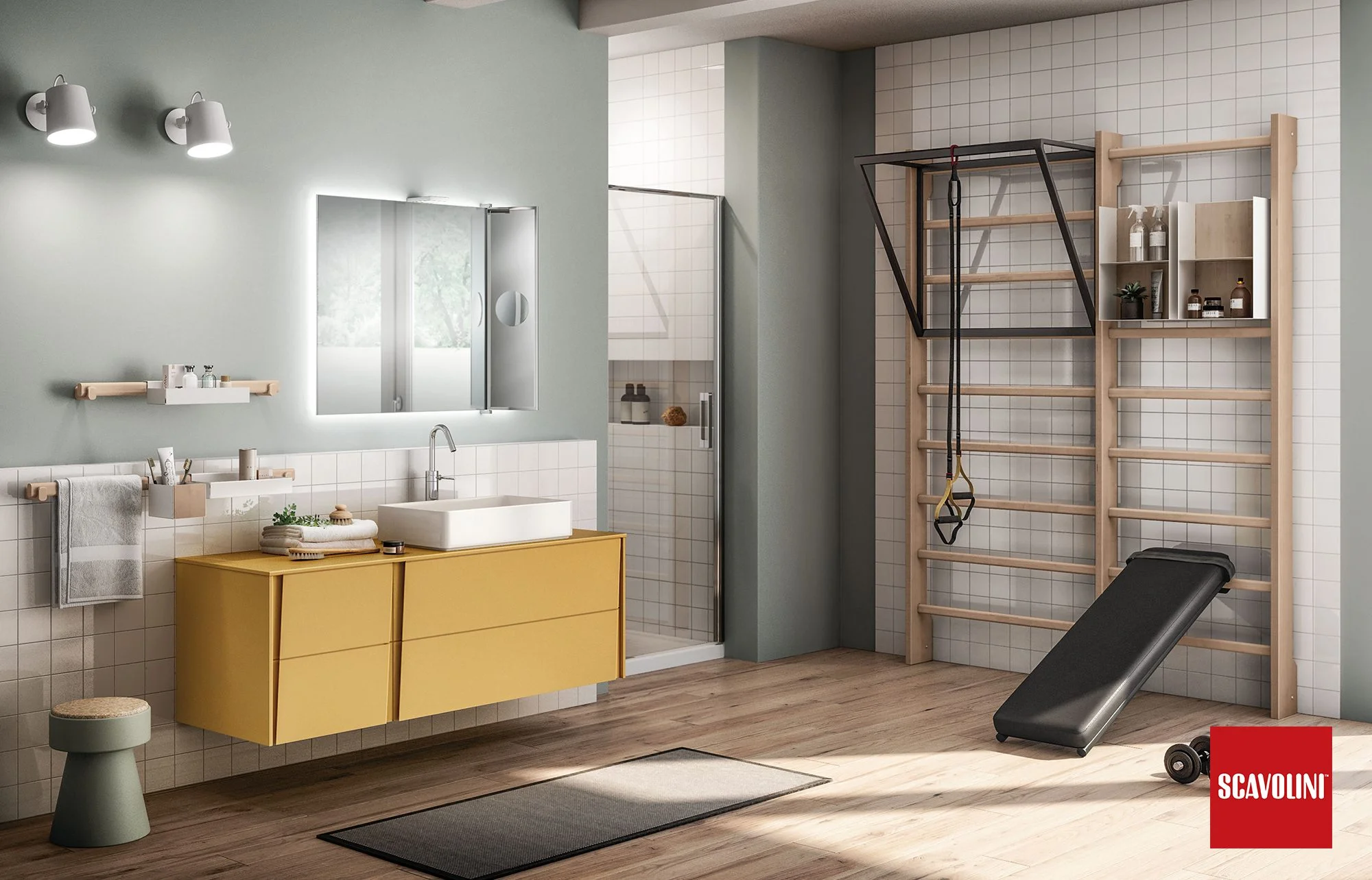 Per chi vuole aggiungere una palestra al bagno di casa: spalliera in legno attrezzabile a piacere.