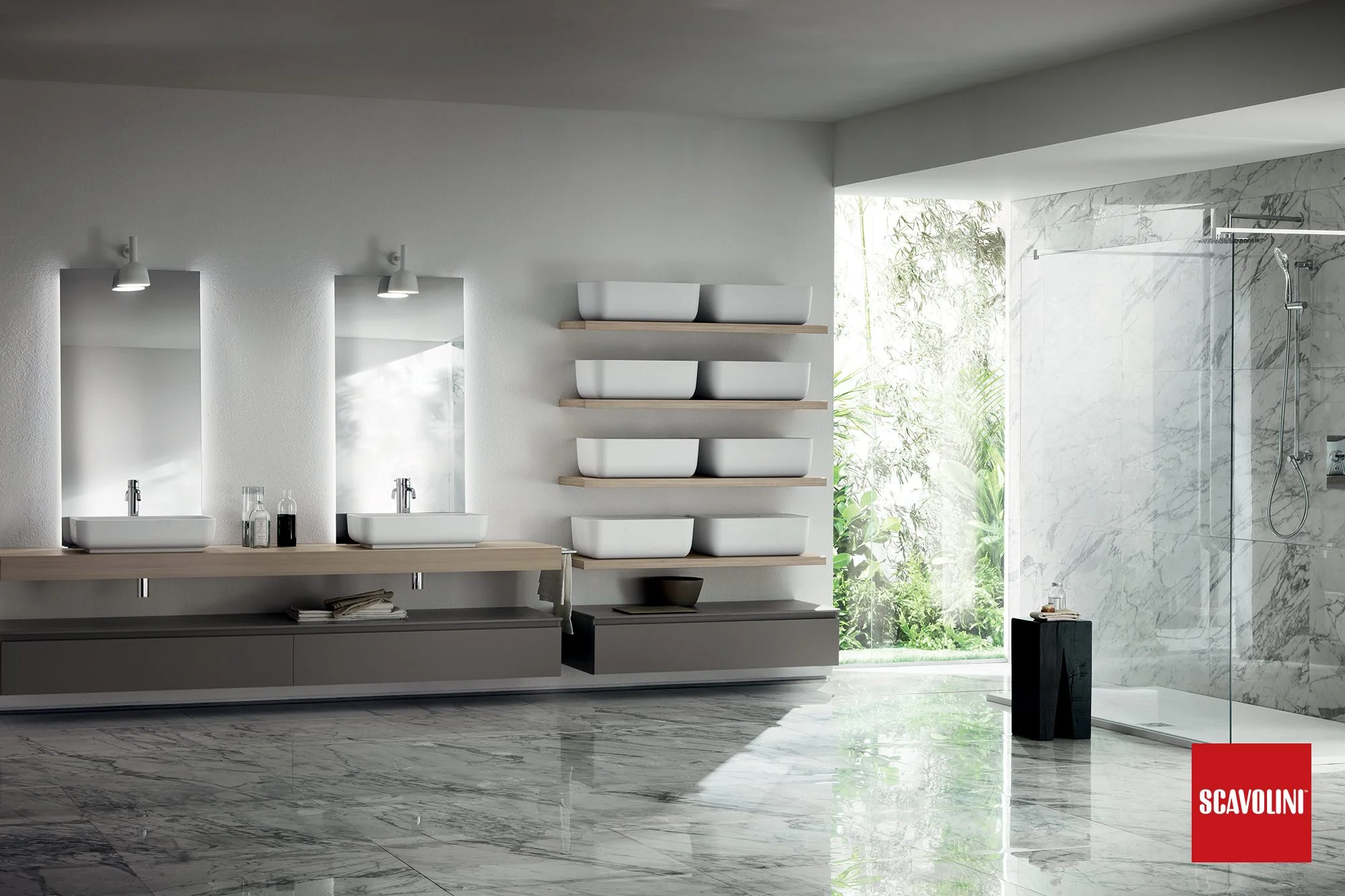 Fusione tra creatività italiana e stile giapponese: il contenitore dà ordine all'ambiente e il mensolone in legno, dall'aspetto essenziale, si adatta a ogni configurazione.