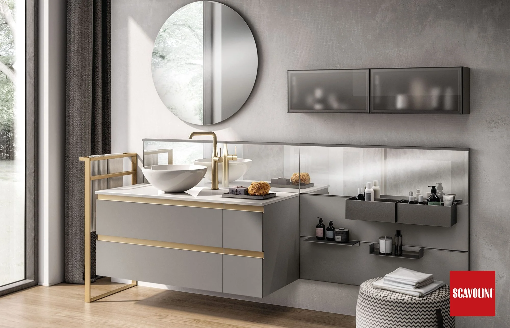 La finitura ottone è l'elemento distintivo; portasalviette modello Give, utilizzabile freestanding o come terminale delle basi.
