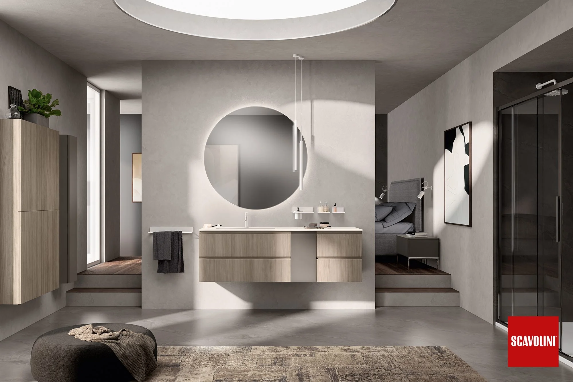 Progetto per arredare con creatività gli spazi del benessere: lavabo integrato e accessori a muro.